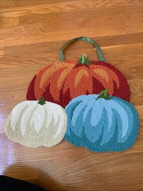 Chunky Hooked Pumpkins Wall Hanging - Orange, Teal, Cream Plow&Hearth